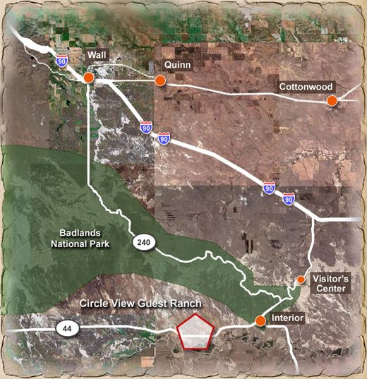 Area map of Circle view guest ranch showing Badlands national park, cottonwood, Interior, Vistor's Center, Quinn and Wall